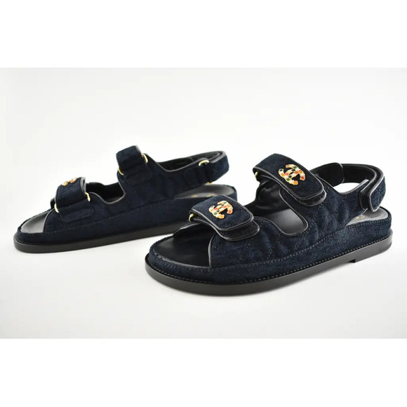 Chanel 21A Blue Velvet Denim CC Logo Mule Slide Strap Flat Teva Dad Sandal 35.5 - Picture 10 of 12